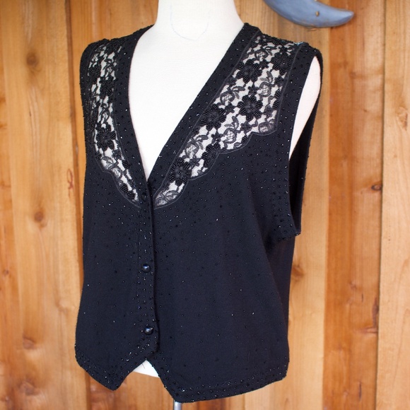 Vintage Talbots 100% Wool Beaded & Lace Knitted Black Button Down Vest Size L - Picture 7 of 16